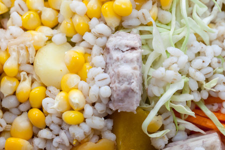 close up of health grain salad with sauceの写真素材