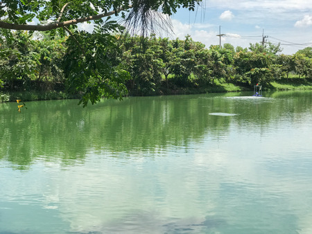 big pond and Spinning boat at thailandの写真素材