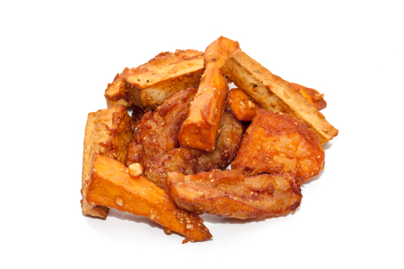 deep fried sliced banana on white backgroundの写真素材