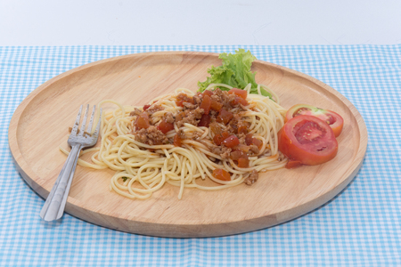 close up of spaghetti with sauce and forkの写真素材