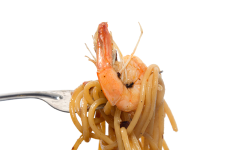 close up of spaghetti seafood with forkの写真素材