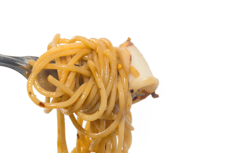 close up of spaghetti seafood with forkの写真素材