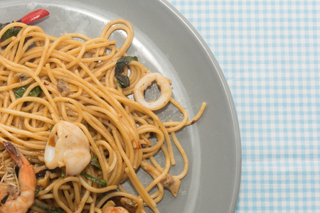 close up of spaghetti with seafood on plateの写真素材