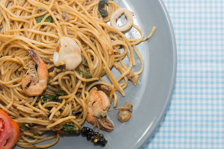 close up of spaghetti with seafood on plateの写真素材