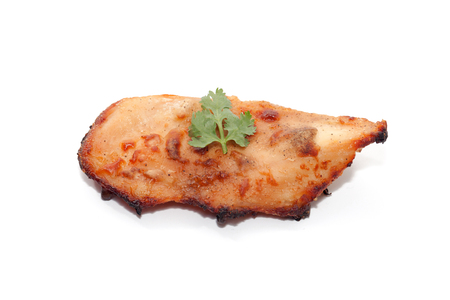 Roast chicken breast isolated on white backgroundの写真素材