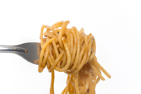 close up of spaghetti seafood with forkの写真素材