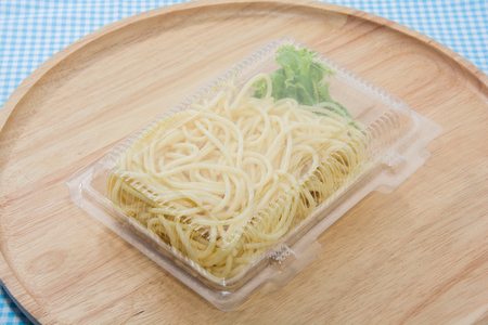 close up of spaghetti in plastic boxの写真素材