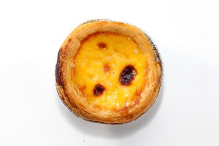 close up of egg tart isolated on white backgroundの写真素材