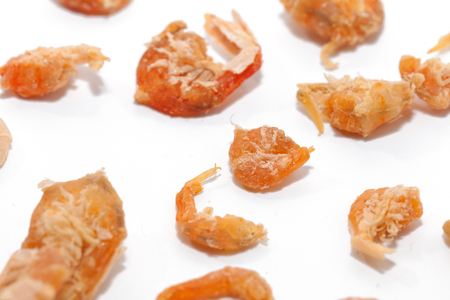 close up of dried shrimp isolated on white backgroundの写真素材