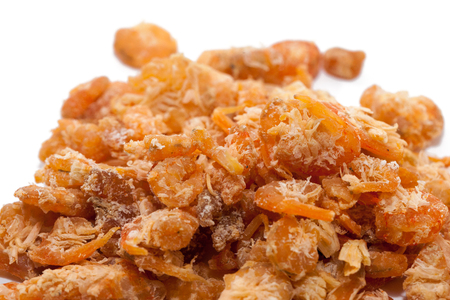 close up of dried shrimp isolated on white backgroundの写真素材