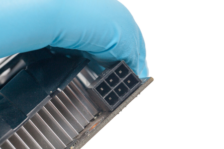 blue glove and Print Circuit Board of graphic cardの写真素材