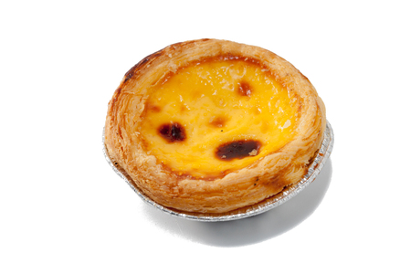 close up of egg tart isolated on white backgroundの写真素材