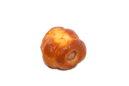 close up of chicken sausage bun on white backgroundの写真素材