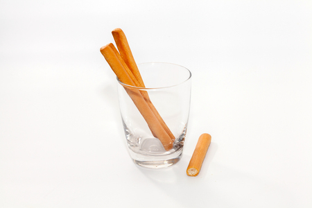 close up of salted bread stick on cupの写真素材
