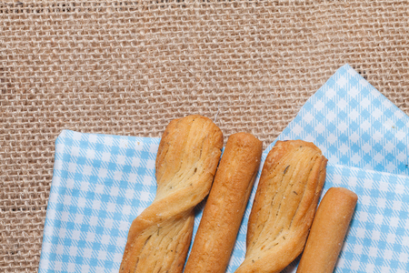 close up of salted bread stick on sackの写真素材