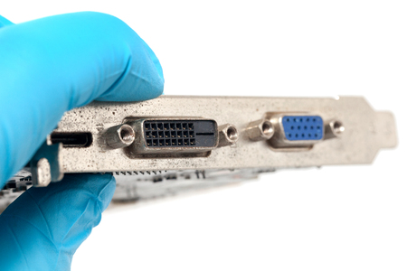 blue glove and Print Circuit Board of graphic cardの写真素材