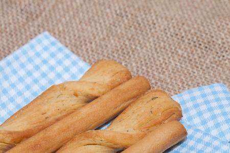 close up of salted bread stick on sackの写真素材