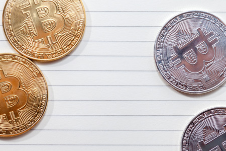 close up of bitcoin on notebook, empty spaceの写真素材