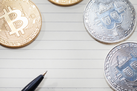 close up of bitcoin on notebook, empty spaceの写真素材