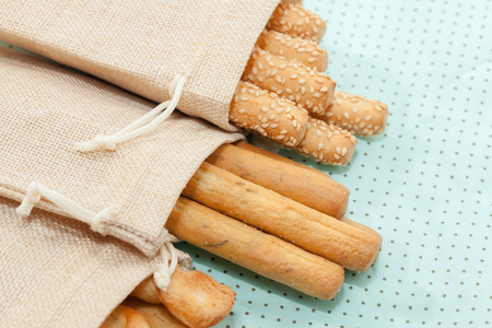 close up of bread stick on sackの写真素材