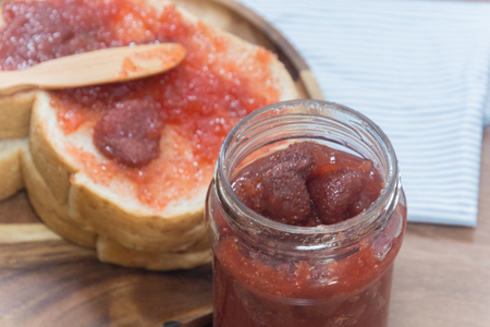 close up of bread and strawberry jamの写真素材