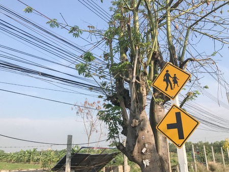 school sigh on the pole in thailandの写真素材