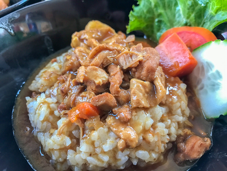 Rice with grilled pork japanese style on plateの写真素材