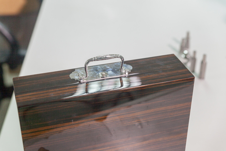 close up of brown Vintage wooden suitcase