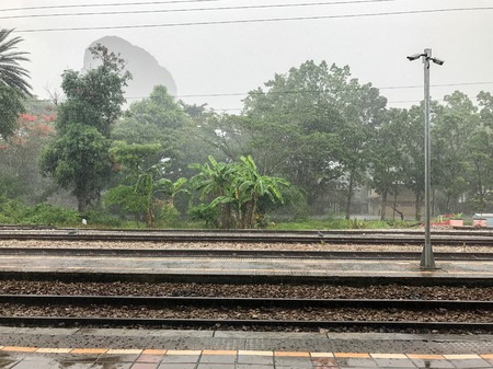 train station with roof on rainy day in Phatthaling Thailandの写真素材