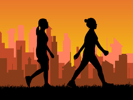 Silhouette Illustration of women, brisk walking in city background.のイラスト素材