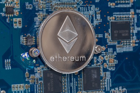 close up of bitcoin on Printed circuit boardの写真素材