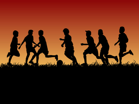 set of silhouette kids playing football with evening backgroundのイラスト素材
