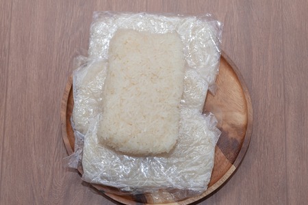 close up of sticky rice in wooden plateの写真素材