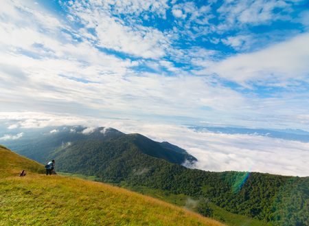 photographer take a photo on the top of mountain at Doi Mon Jong, Chiang Mai, Thailandの写真素材