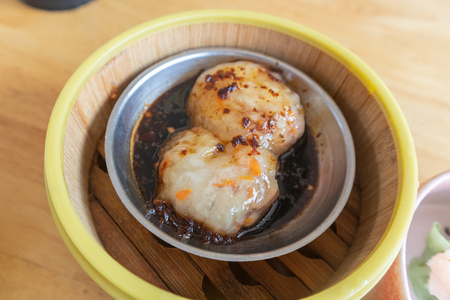shrimp Dim Sum dumplings in bamboo basketの写真素材