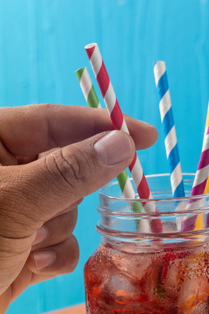 close up of colorful straw in glassの写真素材