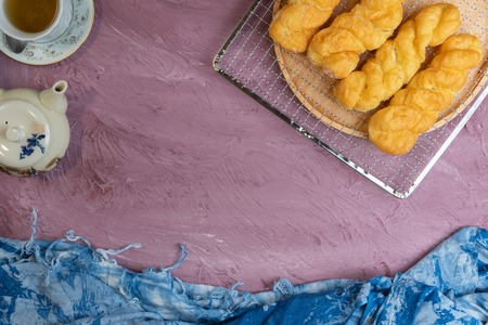 close up of homemade fried doughnuts twistの写真素材