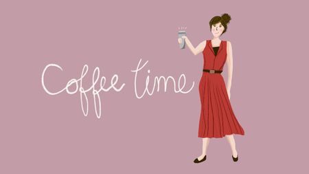 hand draw of woman with red dress holding paper coffee cupの写真素材