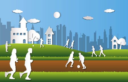 group of people playing sport with fresh green city background in paper cut styleの写真素材