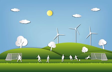 group of football player and fresh green city background in paper cut styleの写真素材