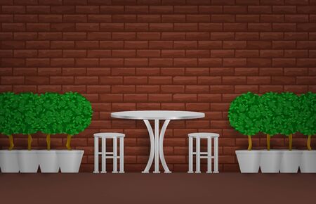 outdoor metal table set with plant in pot and wall brickのイラスト素材