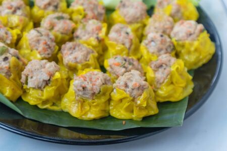 dim sum or steamed minced pork dumplings at Phatthalung, Thailandの写真素材