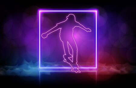 abstract background of man playing skateboard with neon frameのイラスト素材
