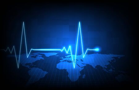 abstract background of blue futuristic technology world maps and digital ECG heartbeat pulse line wave monitorのイラスト素材