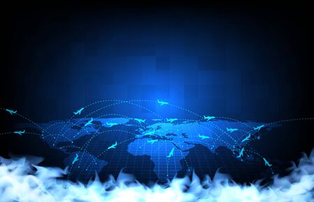 abstract background of futuristic technology screen scan flight radar airplane route path of europe travel mapsのイラスト素材