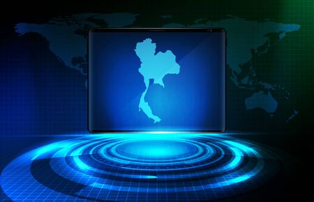 abstract background of blue futuristic technology halogram vr hud element and Thailand maps on smart tabletのイラスト素材