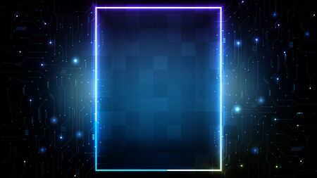 abstract futuristic background of blue Printed Circuit Board and neon square frameのイラスト素材