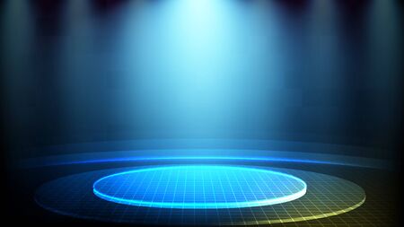 abstract futuristic background of blue glowing stage light technology hologramのイラスト素材