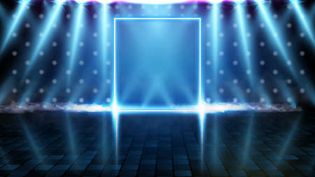 abstract futuristic background of blue neon square frame and lighting spotlgiht stage backgroundのイラスト素材
