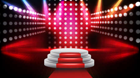 abstract futuristic background of red empty stage Stairs covered with red carpet and lighting spotlgiht stage backgroundのイラスト素材